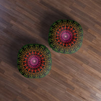 Floor Cushion Mandala Art Hand Drawn - Flower colors on Black background - Drawn by Hand - Tufted Floor Pillow, Round - Blululi