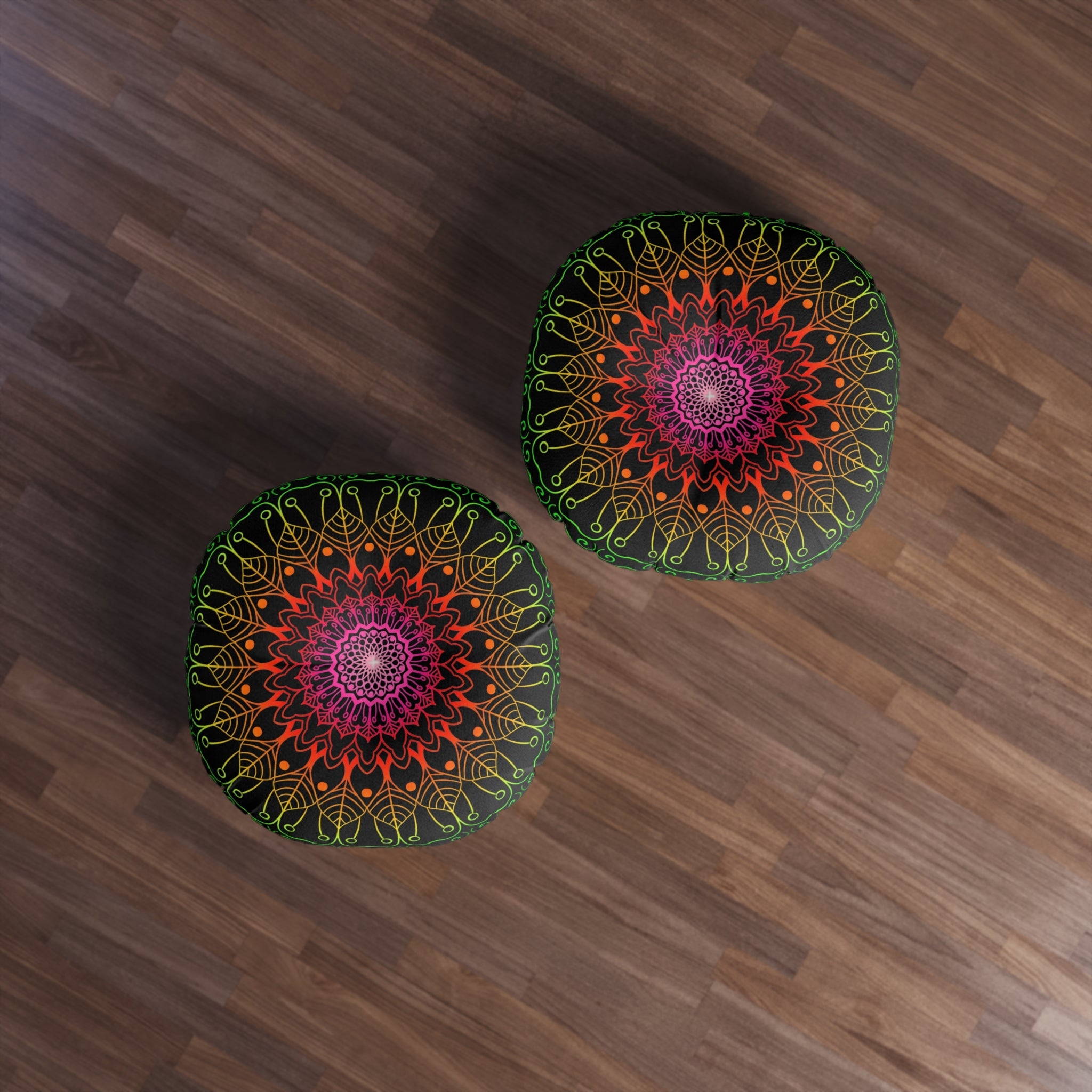 Floor Cushion Mandala Art Hand Drawn - Flower colors on Black background - Drawn by Hand - Tufted Floor Pillow, Round - Blululi