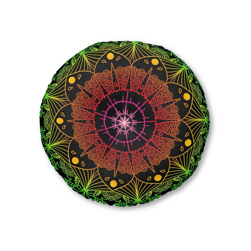 Floor Cushion Mandala Art Hand Drawn - Flower colors on Black background - Drawn by Hand - Tufted Floor Pillow, Round - Blululi