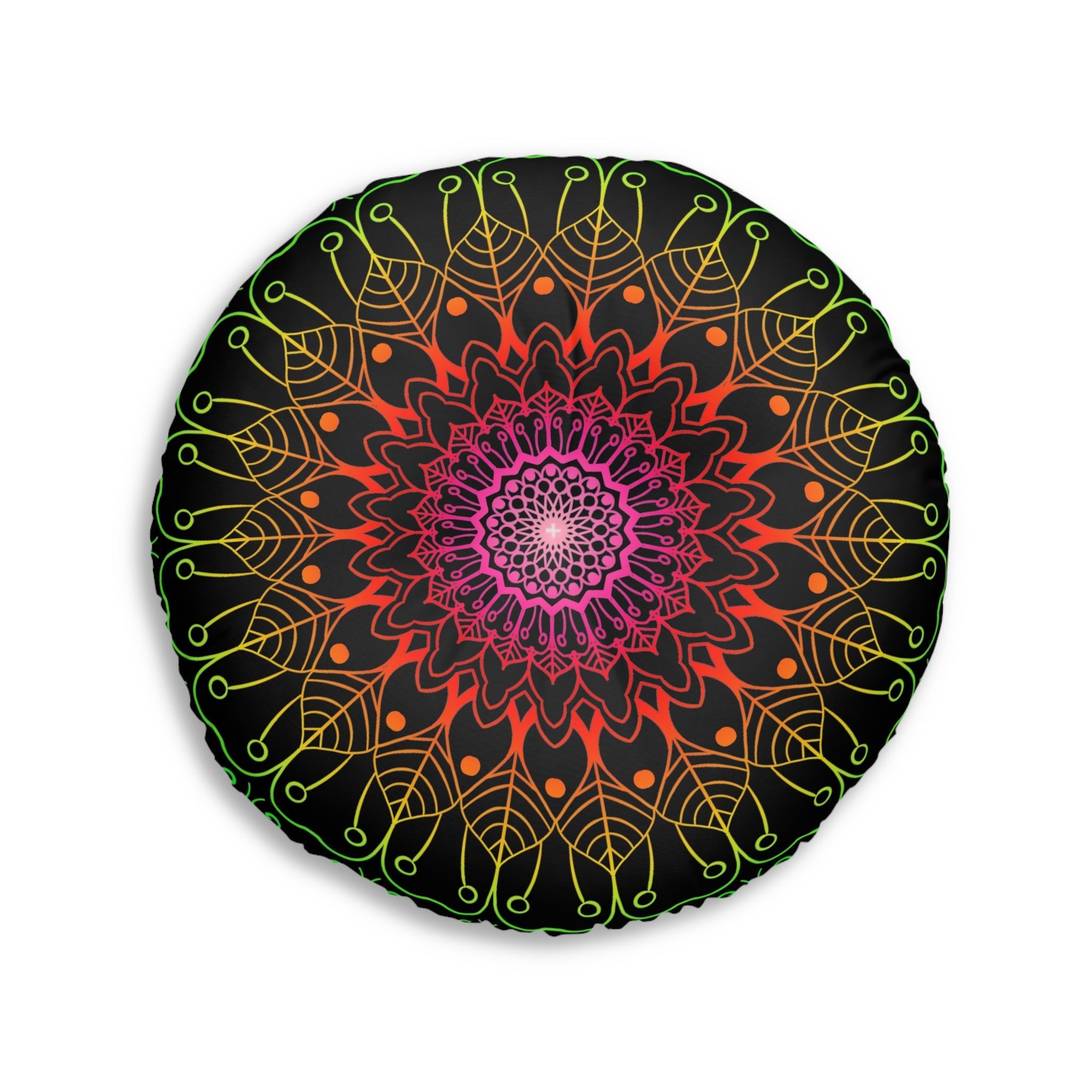 Floor Cushion Mandala Art Hand Drawn - Flower colors on Black background - Drawn by Hand - Tufted Floor Pillow, Round - Blululi