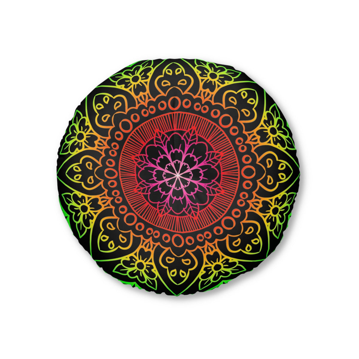 Floor Cushion Mandala Art Hand Drawn - Flower colors on Black background - Drawn by Hand - Tufted Floor Pillow, Round - Blululi