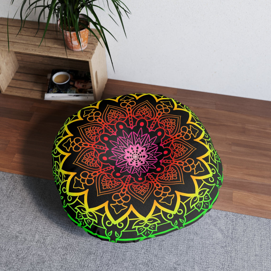 Floor Cushion Mandala Art Hand Drawn - Flower colors on Black background - Drawn by Hand - Tufted Floor Pillow, Round - Blululi