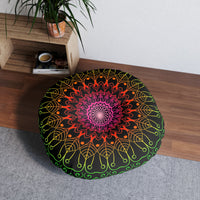 Floor Cushion Mandala Art Hand Drawn - Flower colors on Black background - Drawn by Hand - Tufted Floor Pillow, Round - Blululi
