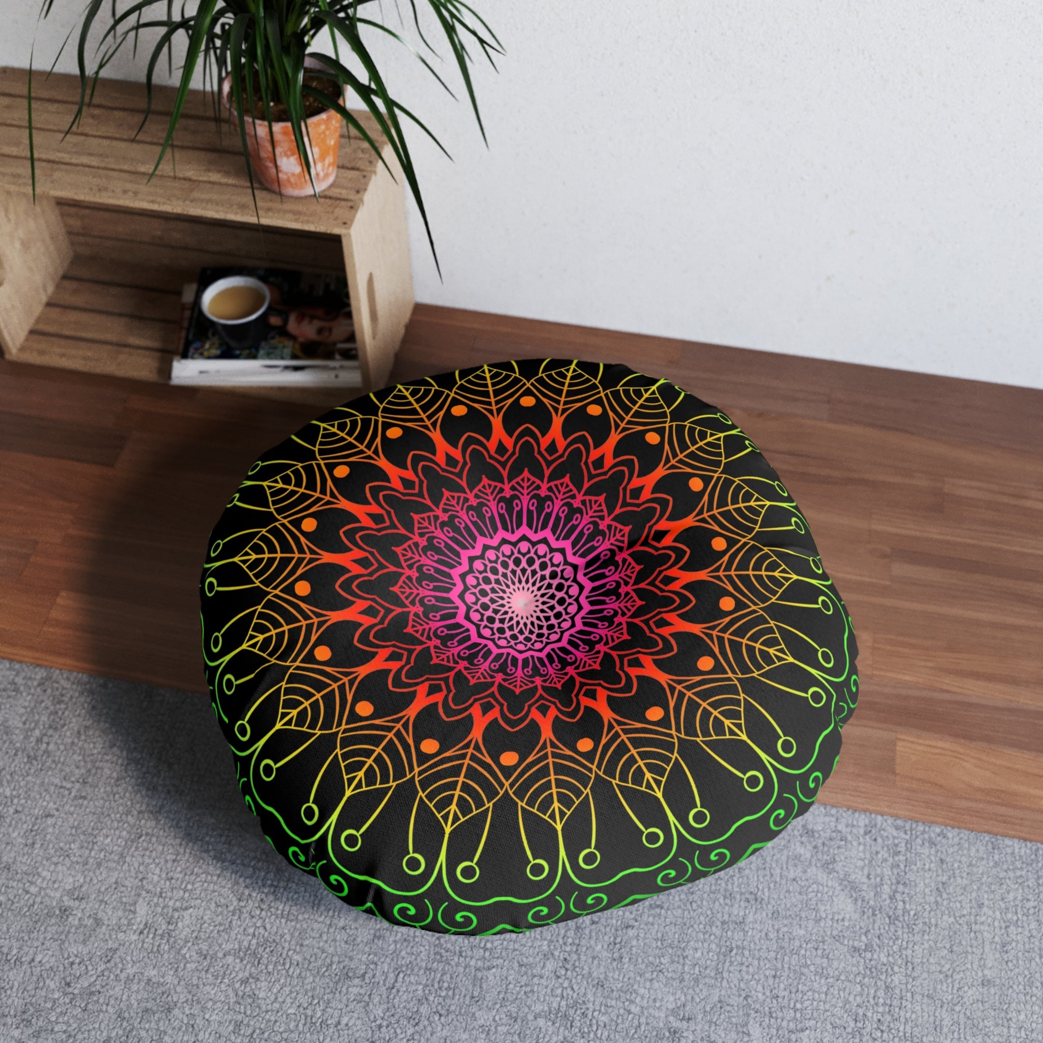 Floor Cushion Mandala Art Hand Drawn - Flower colors on Black background - Drawn by Hand - Tufted Floor Pillow, Round - Blululi