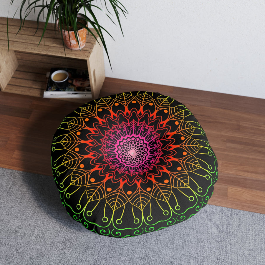 Floor Cushion Mandala Art Hand Drawn - Flower colors on Black background - Drawn by Hand - Tufted Floor Pillow, Round - Blululi