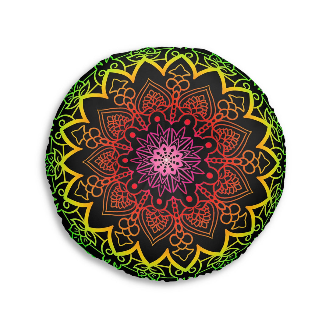 Floor Cushion Mandala Art Hand Drawn - Flower colors on Black background - Drawn by Hand - Tufted Floor Pillow, Round - Blululi