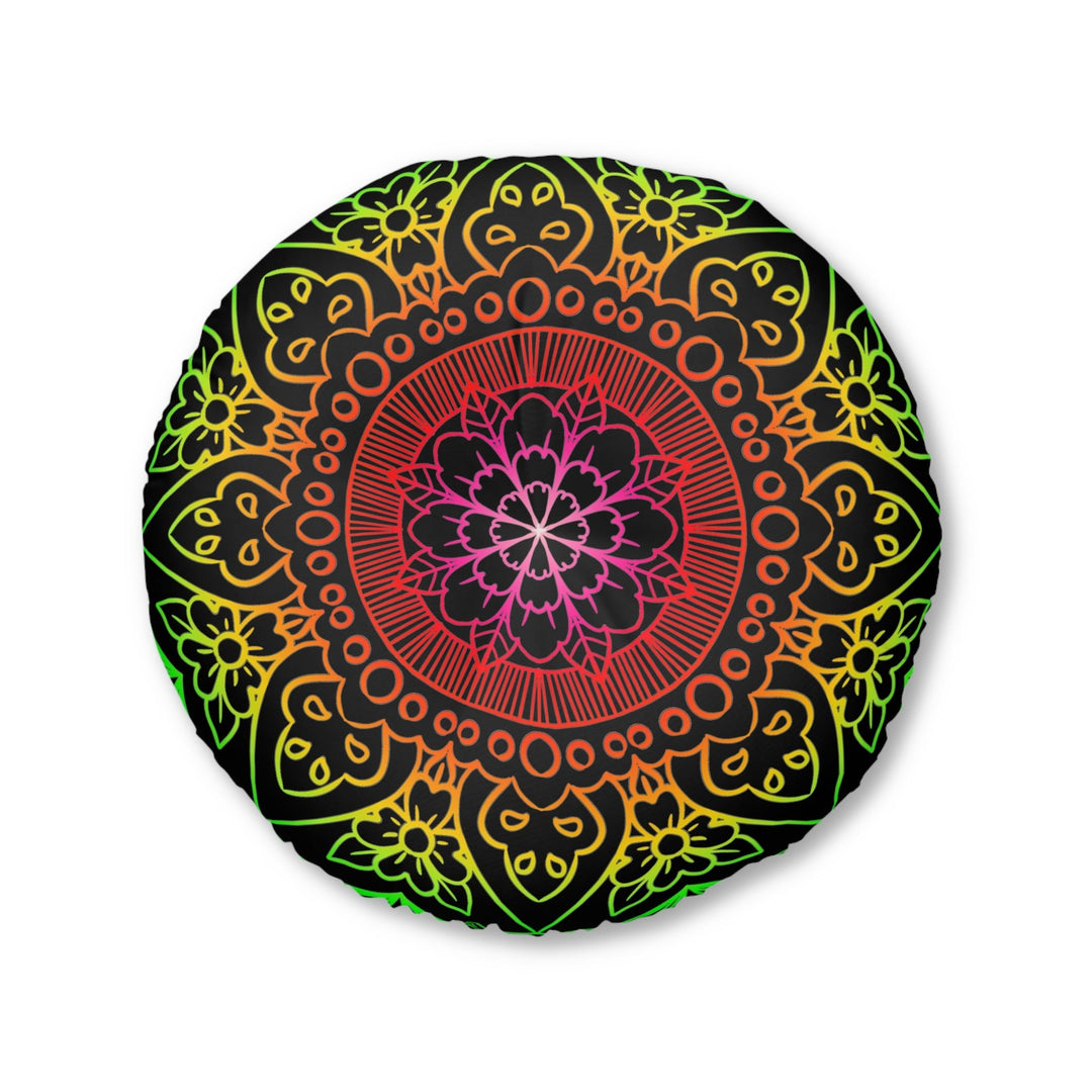 Floor Cushion Mandala Art Hand Drawn - Flower colors on Black background - Drawn by Hand - Tufted Floor Pillow, Round - Blululi