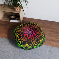 Floor Cushion Mandala Art Hand Drawn - Flower colors on Black background - Drawn by Hand - Tufted Floor Pillow, Round - Blululi