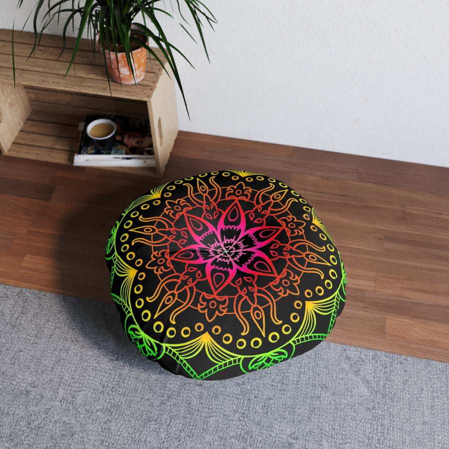 Floor Cushion Mandala Art Hand Drawn - Flower colors on Black background - Drawn by Hand - Tufted Floor Pillow, Round - Blululi