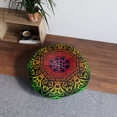 Floor Cushion Mandala Art Hand Drawn - Flower colors on Black background - Drawn by Hand - Tufted Floor Pillow, Round - Blululi