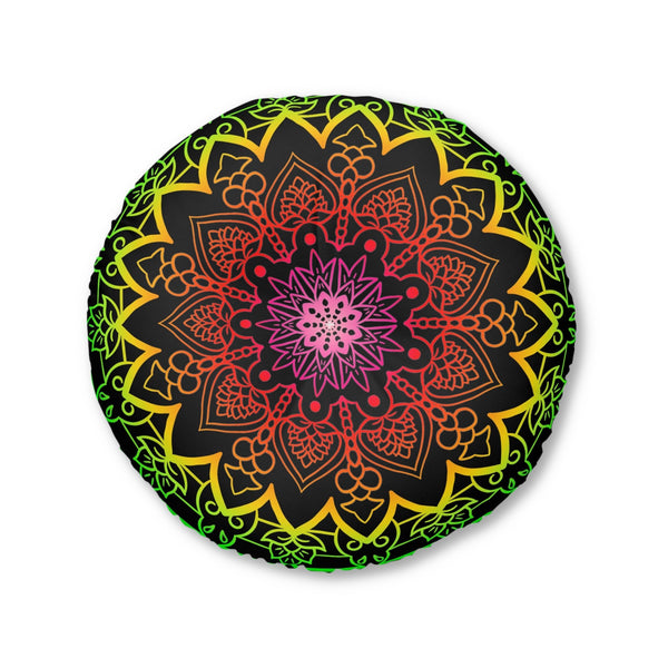 Floor Cushion Mandala Art Hand Drawn - Flower colors on Black background - Drawn by Hand - Tufted Floor Pillow, Round - Blululi