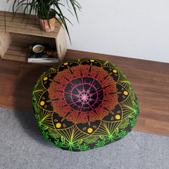 Floor Cushion Mandala Art Hand Drawn - Flower colors on Black background - Drawn by Hand - Tufted Floor Pillow, Round - Blululi
