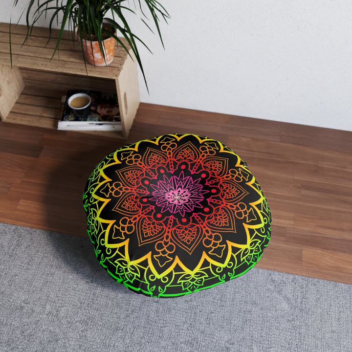 Floor Cushion Mandala Art Hand Drawn - Flower colors on Black background - Drawn by Hand - Tufted Floor Pillow, Round - Blululi