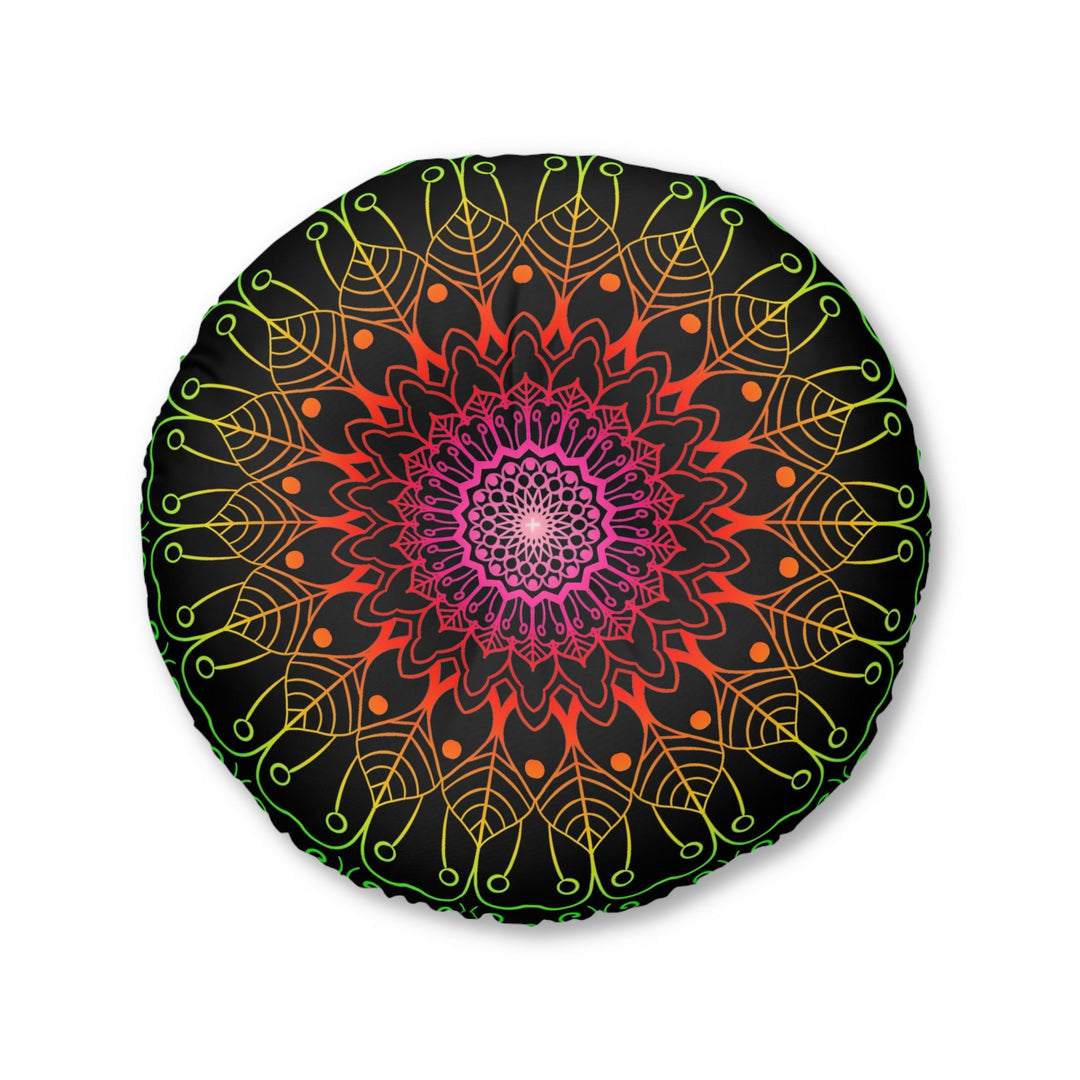 Floor Cushion Mandala Art Hand Drawn - Flower colors on Black background - Drawn by Hand - Tufted Floor Pillow, Round - Blululi