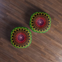 Floor Cushion Mandala Art Hand Drawn - Flower colors on Black background - Drawn by Hand - Tufted Floor Pillow, Round - Blululi
