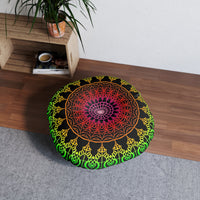 Floor Cushion Mandala Art Hand Drawn - Flower colors on Black background - Drawn by Hand - Tufted Floor Pillow, Round - Blululi