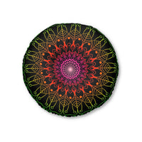 Floor Cushion Mandala Art Hand Drawn - Flower colors on Black background - Drawn by Hand - Tufted Floor Pillow, Round - Blululi