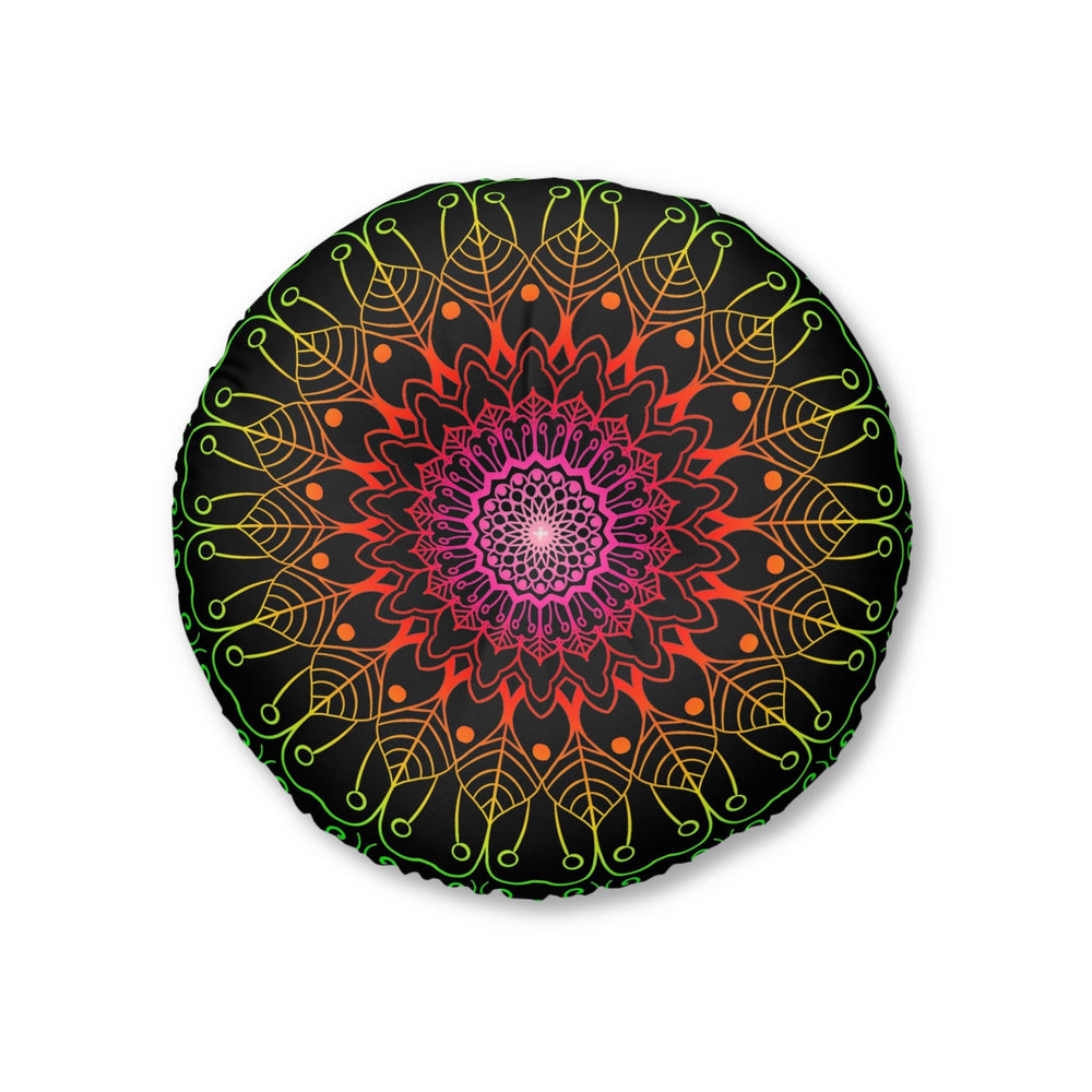 Floor Cushion Mandala Art Hand Drawn - Flower colors on Black background - Drawn by Hand - Tufted Floor Pillow, Round - Blululi