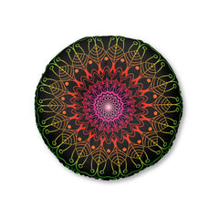 Floor Cushion Mandala Art Hand Drawn - Flower colors on Black background - Drawn by Hand - Tufted Floor Pillow, Round - Blululi