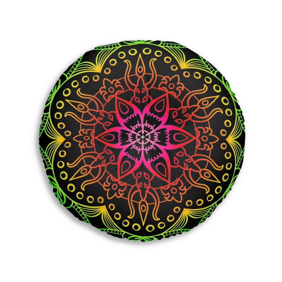 Floor Cushion Mandala Art Hand Drawn - Flower colors on Black background - Drawn by Hand - Tufted Floor Pillow, Round - Blululi