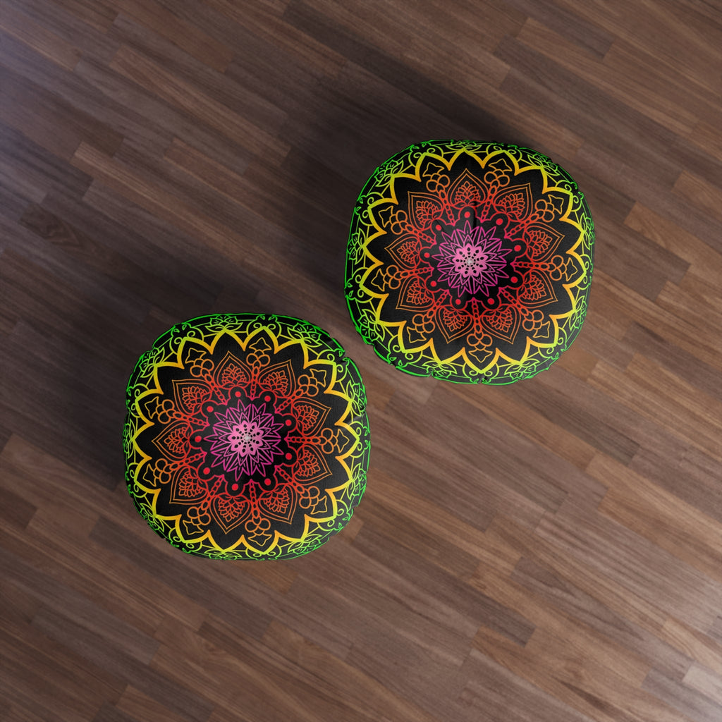 Floor Cushion Mandala Art Hand Drawn - Flower colors on Black background - Drawn by Hand - Tufted Floor Pillow, Round - Blululi