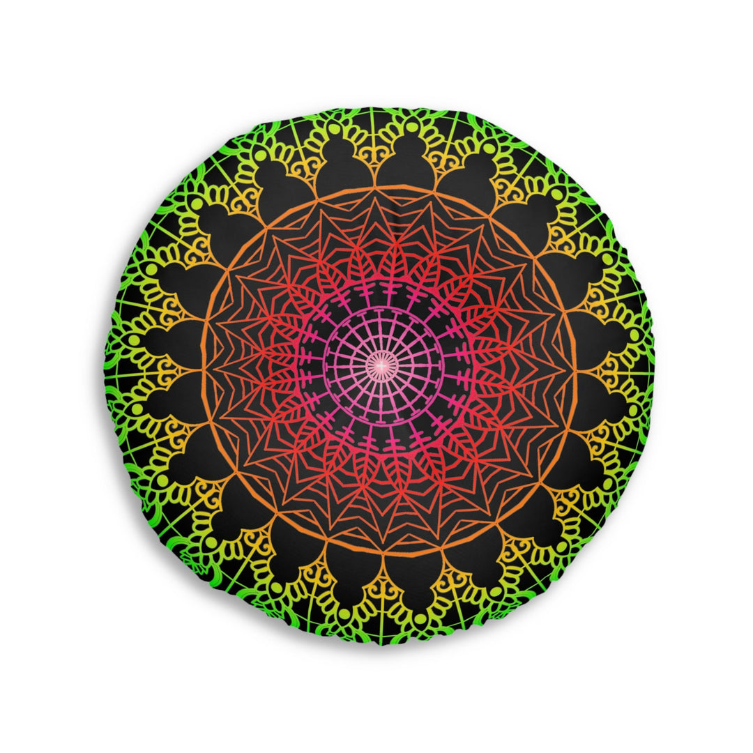 Floor Cushion Mandala Art Hand Drawn - Flower colors on Black background - Drawn by Hand - Tufted Floor Pillow, Round - Blululi