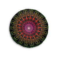 Floor Cushion Mandala Art Hand Drawn - Flower colors on Black background - Drawn by Hand - Tufted Floor Pillow, Round - Blululi