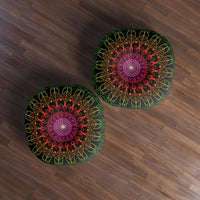 Floor Cushion Mandala Art Hand Drawn - Flower colors on Black background - Drawn by Hand - Tufted Floor Pillow, Round - Blululi