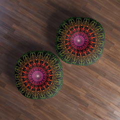 Floor Cushion Mandala Art Hand Drawn - Flower colors on Black background - Drawn by Hand - Tufted Floor Pillow, Round - Blululi