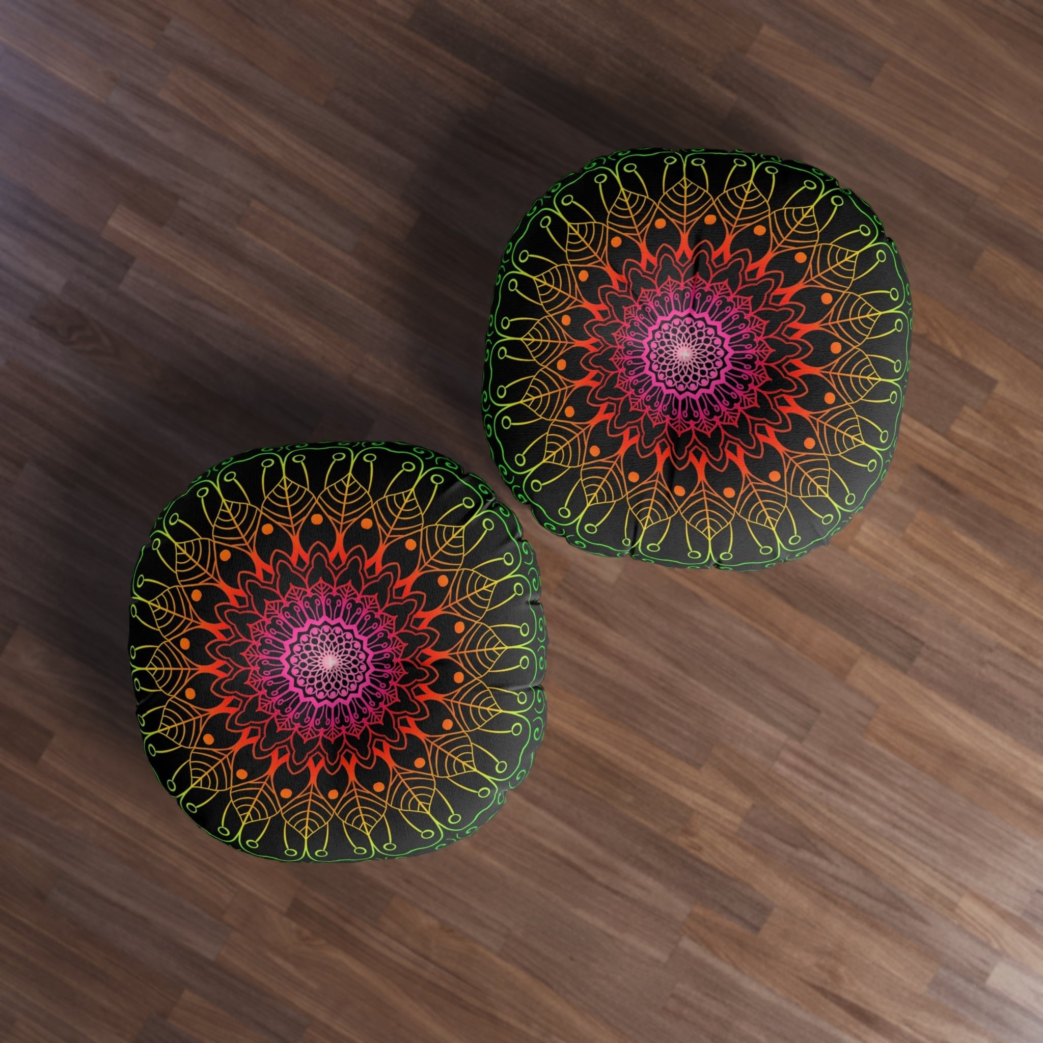 Floor Cushion Mandala Art Hand Drawn - Flower colors on Black background - Drawn by Hand - Tufted Floor Pillow, Round - Blululi