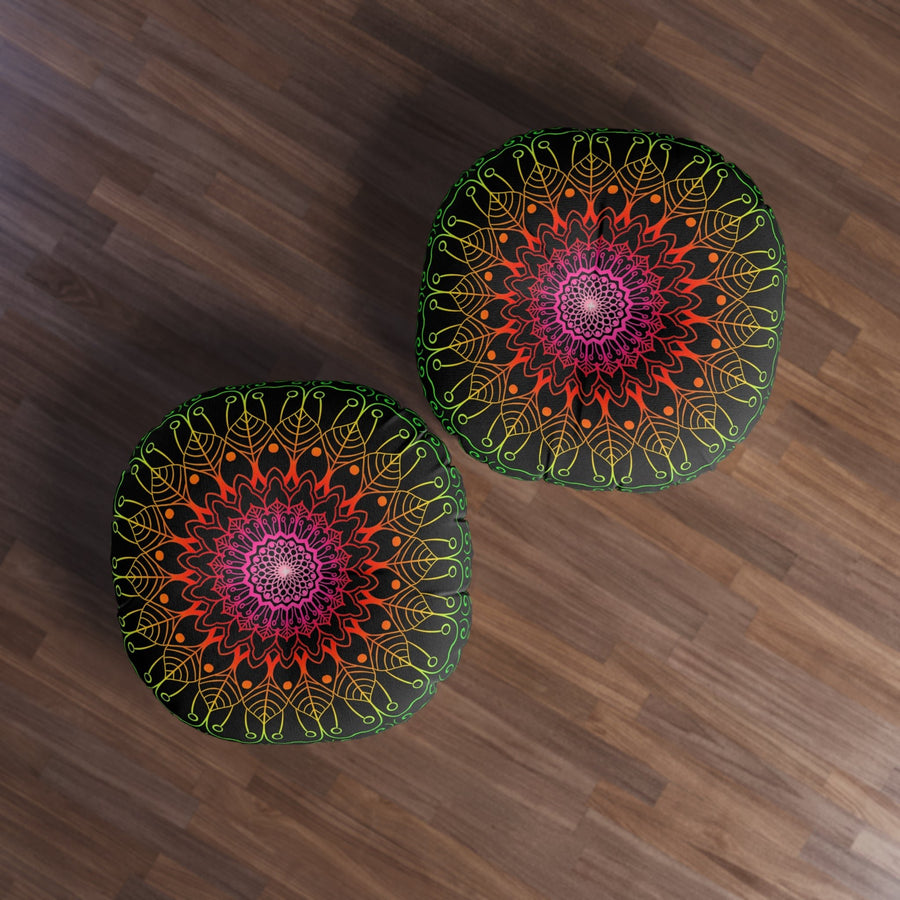 Floor Cushion Mandala Art Hand Drawn - Flower colors on Black background - Drawn by Hand - Tufted Floor Pillow, Round - Blululi