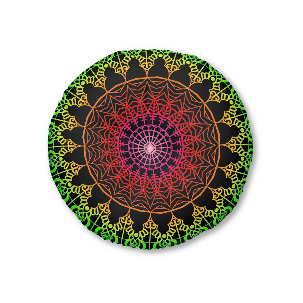 Floor Cushion Mandala Art Hand Drawn - Flower colors on Black background - Drawn by Hand - Tufted Floor Pillow, Round - Blululi