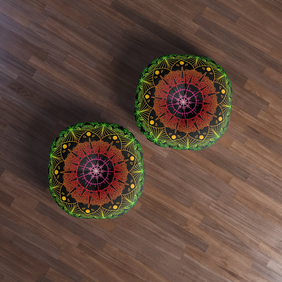 Floor Cushion Mandala Art Hand Drawn - Flower colors on Black background - Drawn by Hand - Tufted Floor Pillow, Round - Blululi