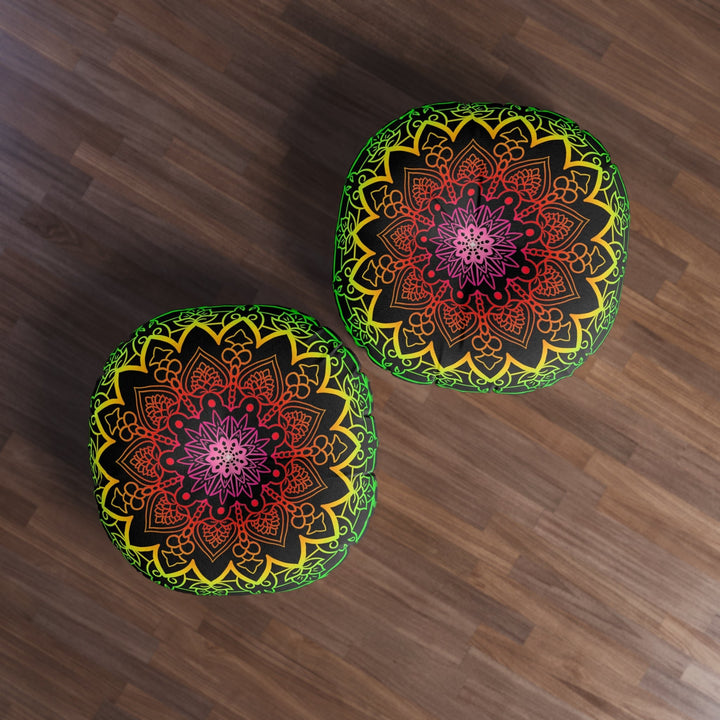 Floor Cushion Mandala Art Hand Drawn - Flower colors on Black background - Drawn by Hand - Tufted Floor Pillow, Round - Blululi