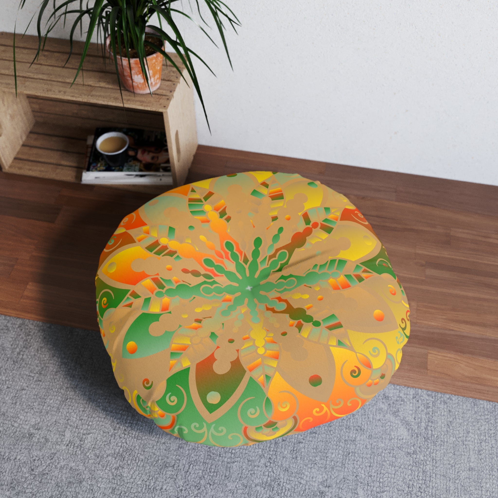 Floor Cushion Mandala Art hand - drawn - Tufted Floor Pillow, Round, Dune - Blululi