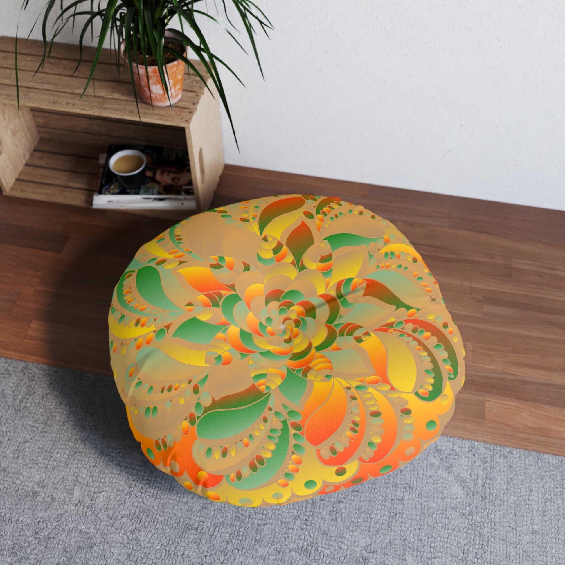 Floor Cushion Mandala Art hand - drawn - Tufted Floor Pillow, Round, Dune - Blululi