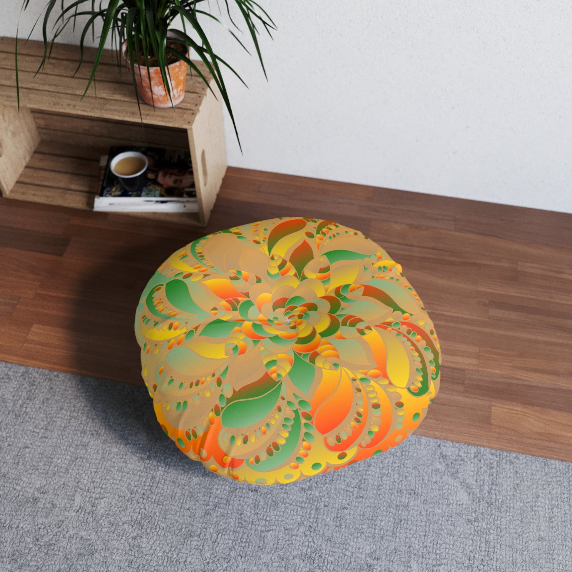 Floor Cushion Mandala Art hand - drawn - Tufted Floor Pillow, Round, Dune - Blululi