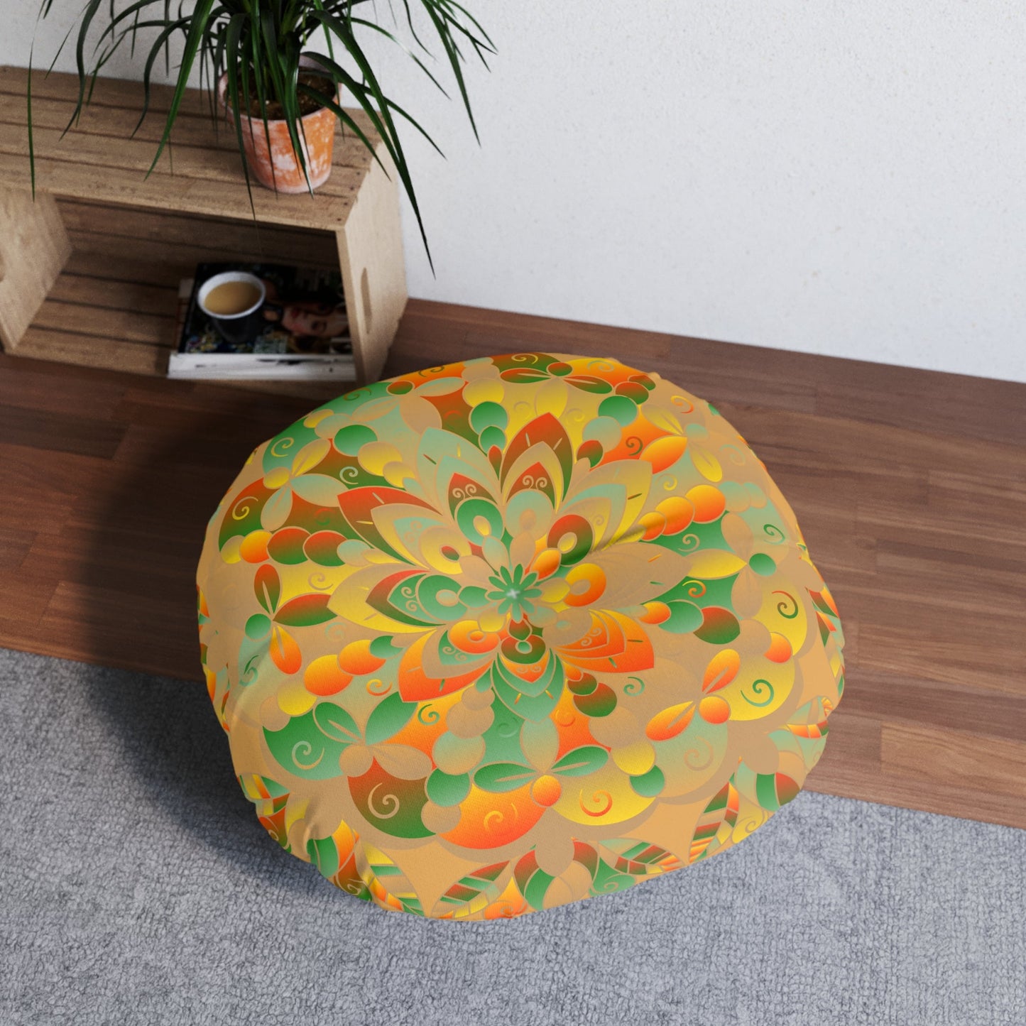 Floor Cushion Mandala Art hand - drawn - Tufted Floor Pillow, Round, Dune - Blululi