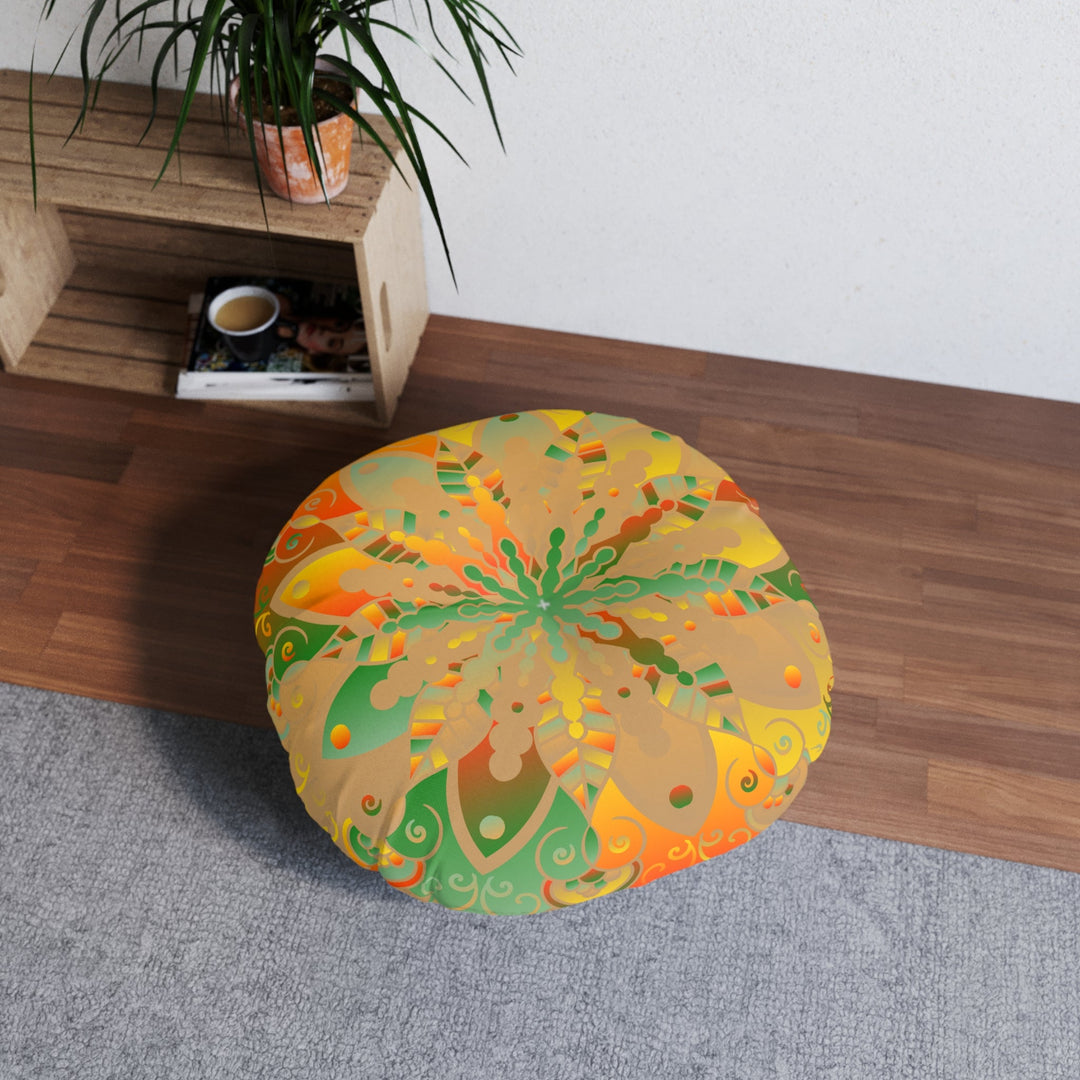 Floor Cushion Mandala Art hand - drawn - Tufted Floor Pillow, Round, Dune - Blululi