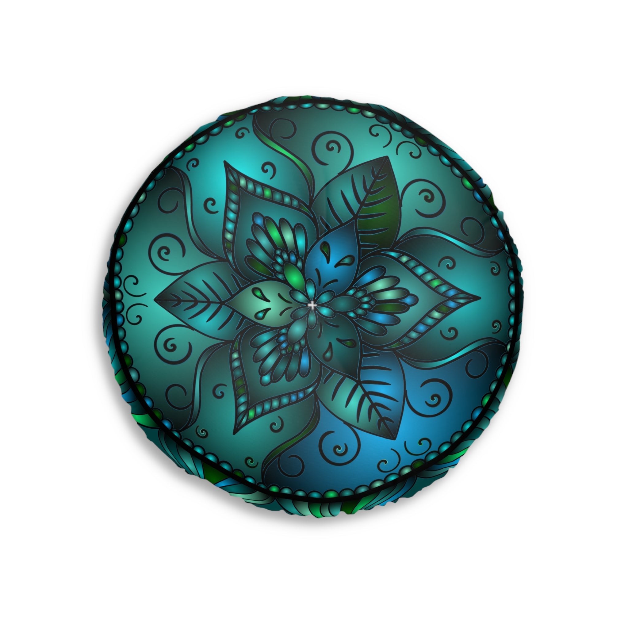 Floor Cushion Mandala Art hand - drawn - Tufted Floor Pillow, Round, Petroleum Green - Blululi