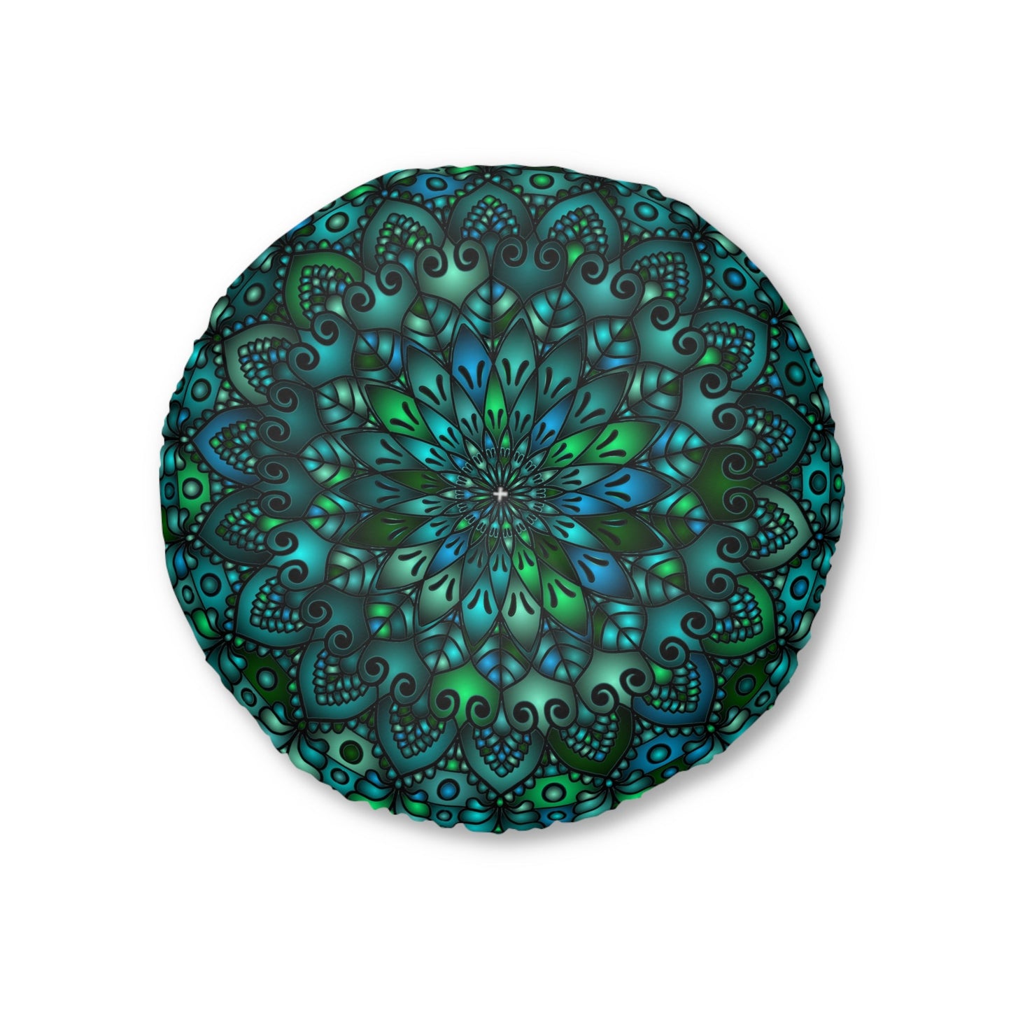 Floor Cushion Mandala Art hand - drawn - Tufted Floor Pillow, Round, Petroleum Green - Blululi