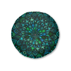 Floor Cushion Mandala Art hand - drawn - Tufted Floor Pillow, Round, Petroleum Green - Blululi