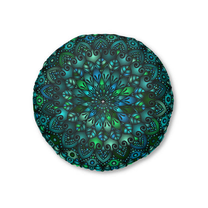 Floor Cushion Mandala Art hand - drawn - Tufted Floor Pillow, Round, Petroleum Green - Blululi