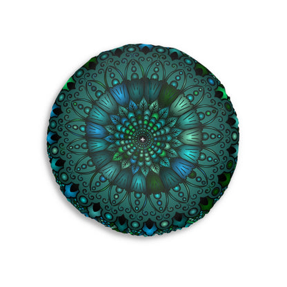 Floor Cushion Mandala Art hand - drawn - Tufted Floor Pillow, Round, Petroleum Green - Blululi