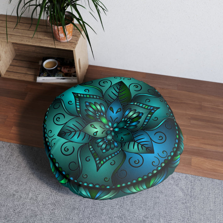 Floor Cushion Mandala Art hand - drawn - Tufted Floor Pillow, Round, Petroleum Green - Blululi