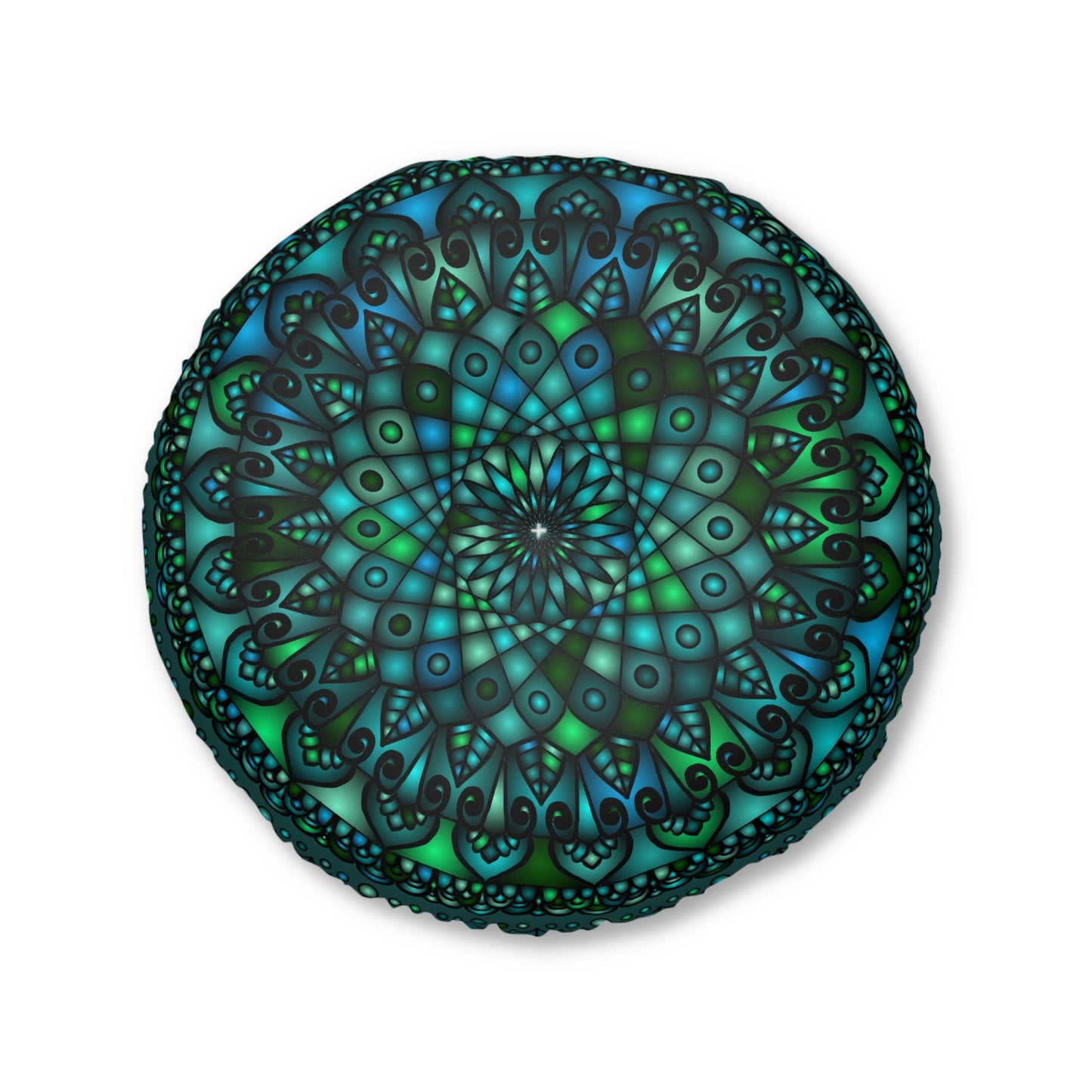 Floor Cushion Mandala Art hand - drawn - Tufted Floor Pillow, Round, Petroleum Green - Blululi