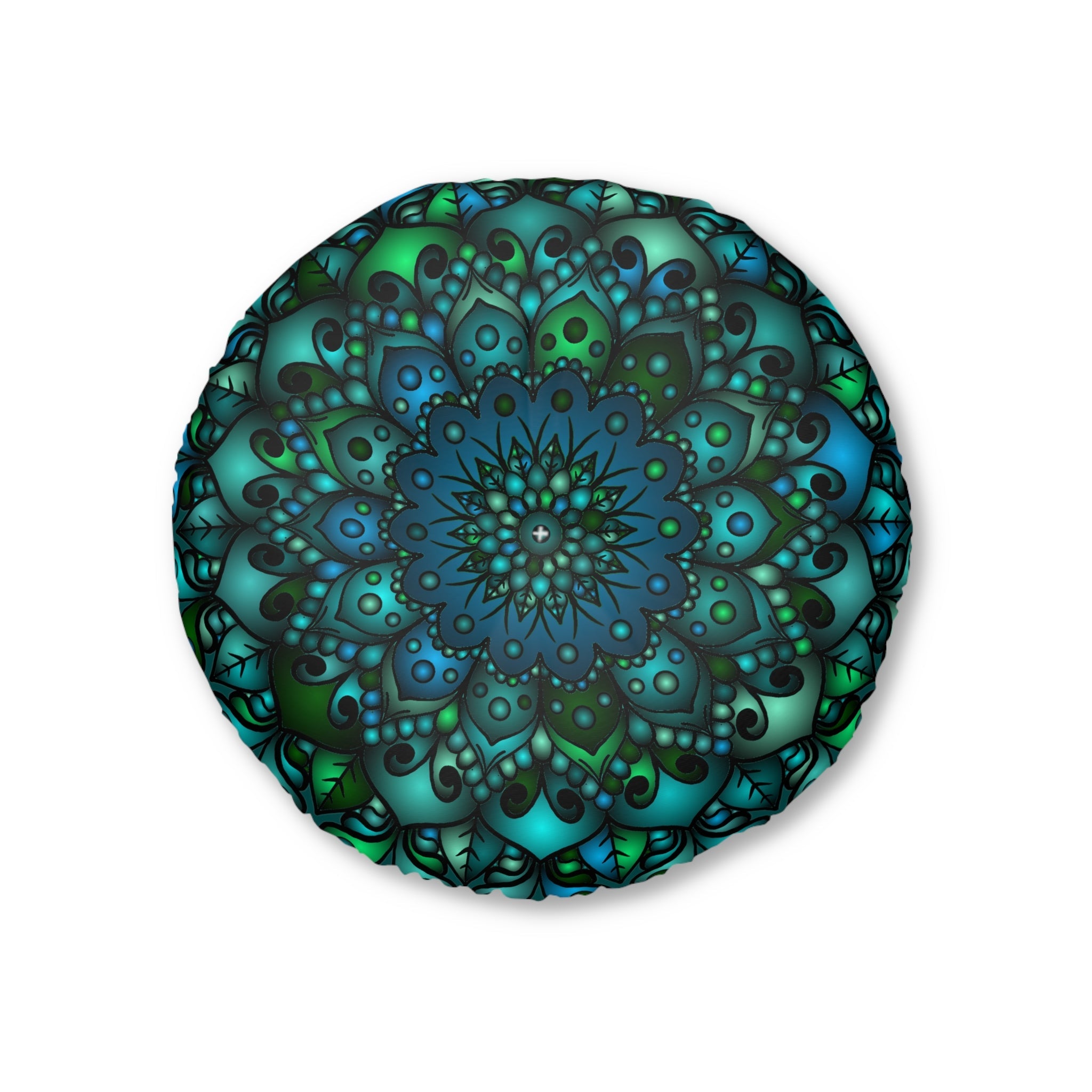 Floor Cushion Mandala Art hand - drawn - Tufted Floor Pillow, Round, Petroleum Green - Blululi