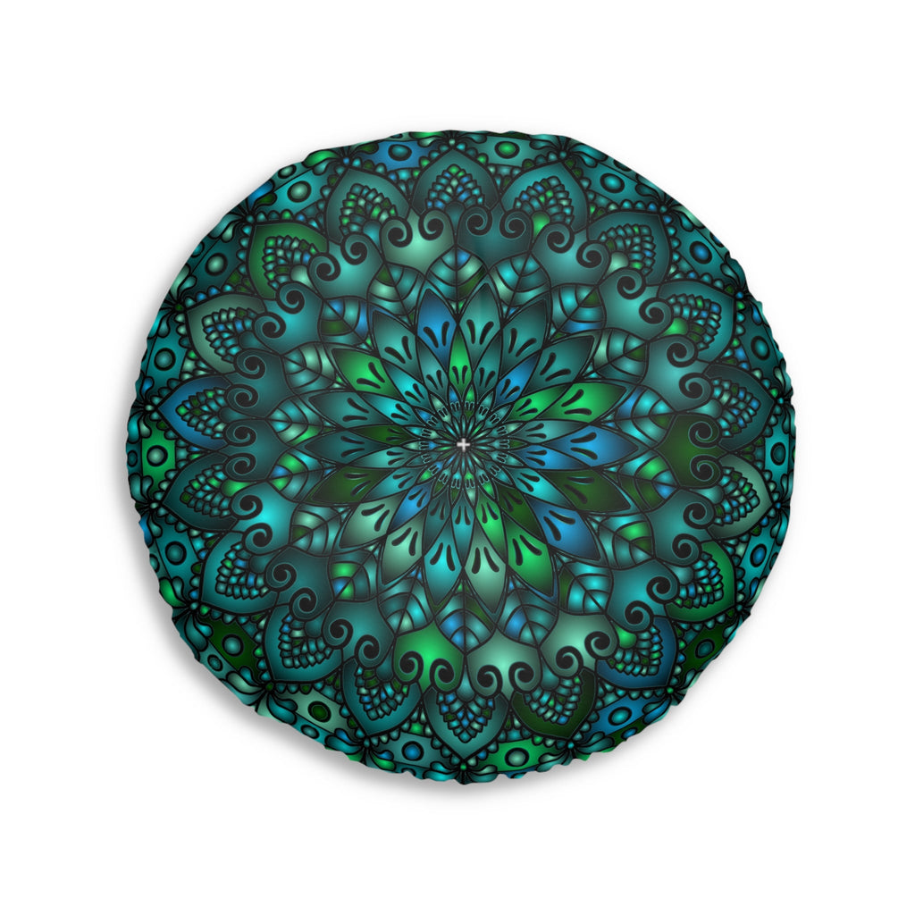 Floor Cushion Mandala Art hand - drawn - Tufted Floor Pillow, Round, Petroleum Green - Blululi