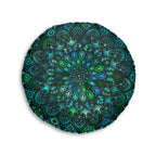Floor Cushion Mandala Art hand - drawn - Tufted Floor Pillow, Round, Petroleum Green - Blululi