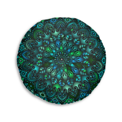 Floor Cushion Mandala Art hand - drawn - Tufted Floor Pillow, Round, Petroleum Green - Blululi